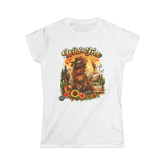 Wild & Free Women's Tee — Boho Vintage Camper T-Shirt with Sunflower & Fox Design