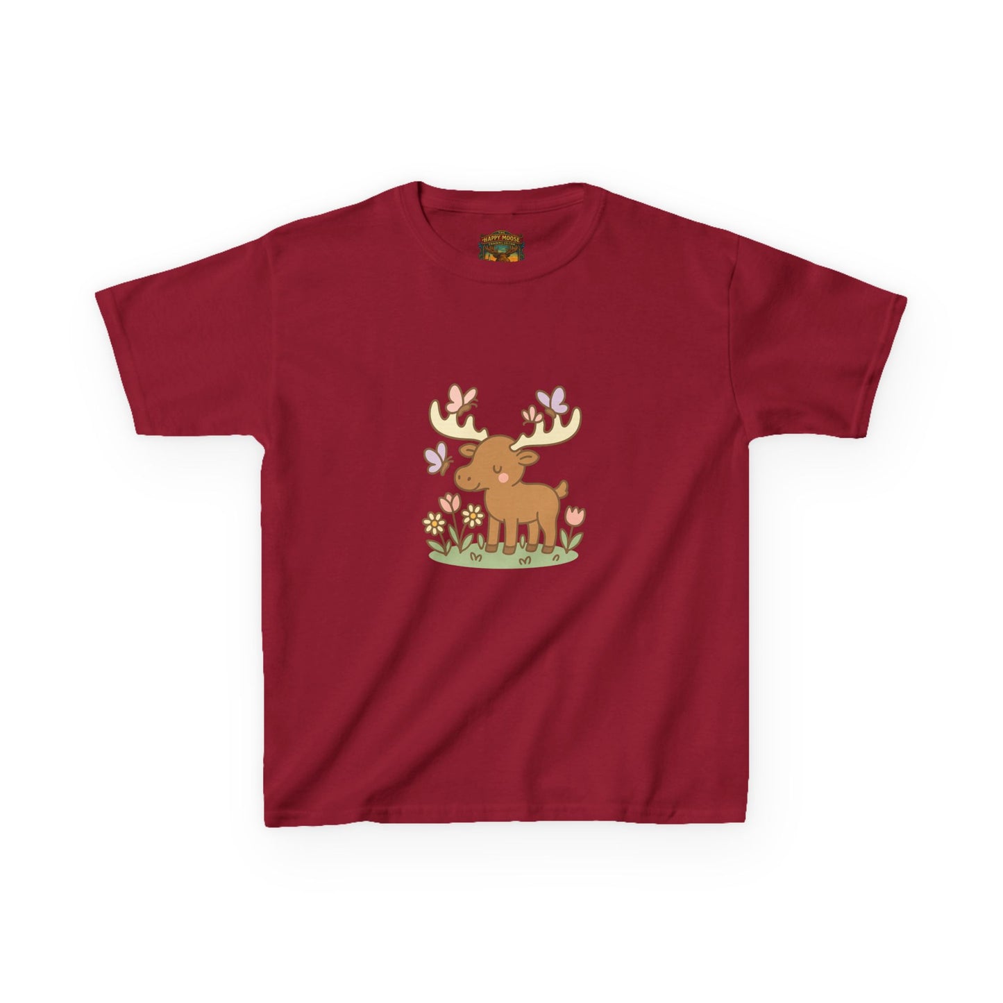 Kids T-Shirt — Cute Woodland Moose with Butterflies Kids Tee