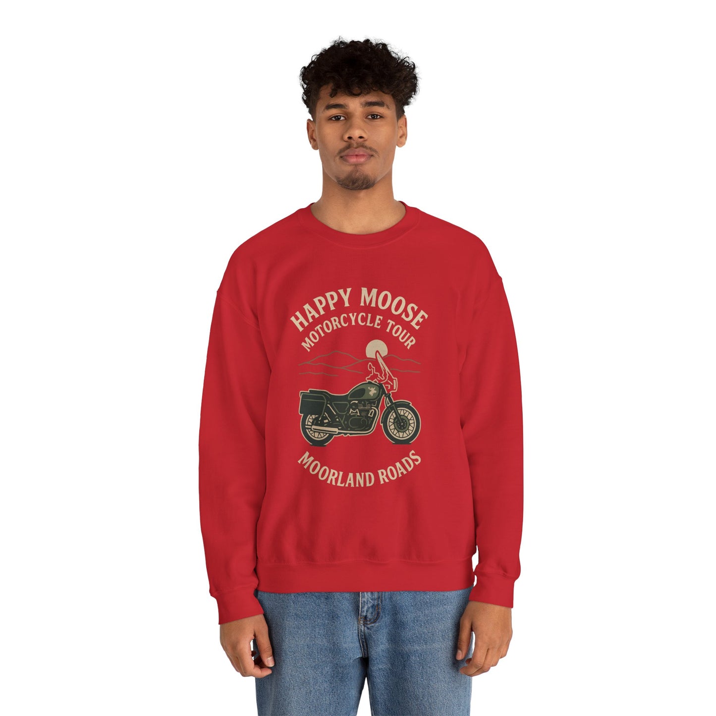 Motorcycle Crewneck Sweatshirt — "Happy Moose Motorcycle Tour" Vintage Bike Graphic