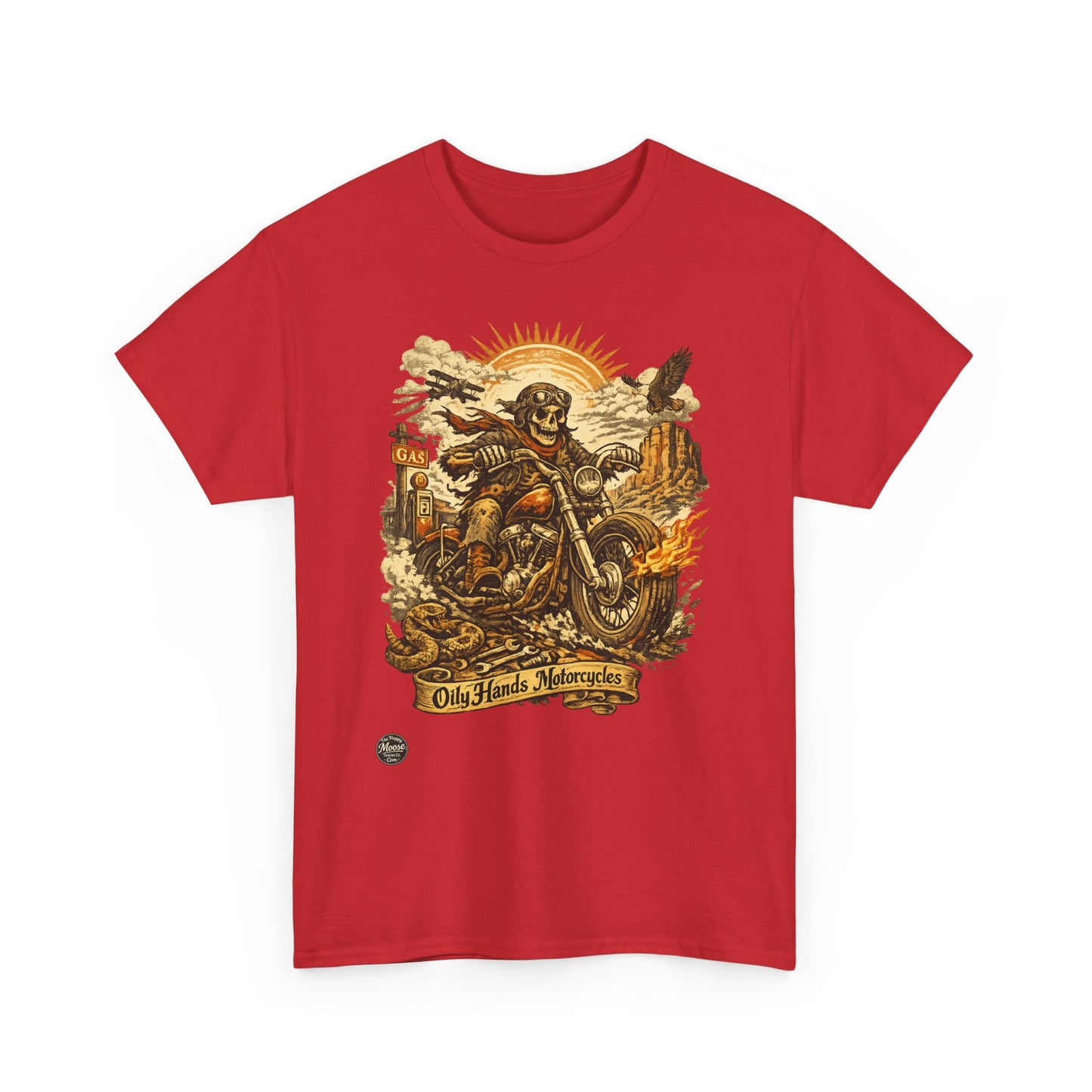 Oily Hands Motorcycle Skull Tee — Old Friends Vintage Biker T-Shirt #015 E