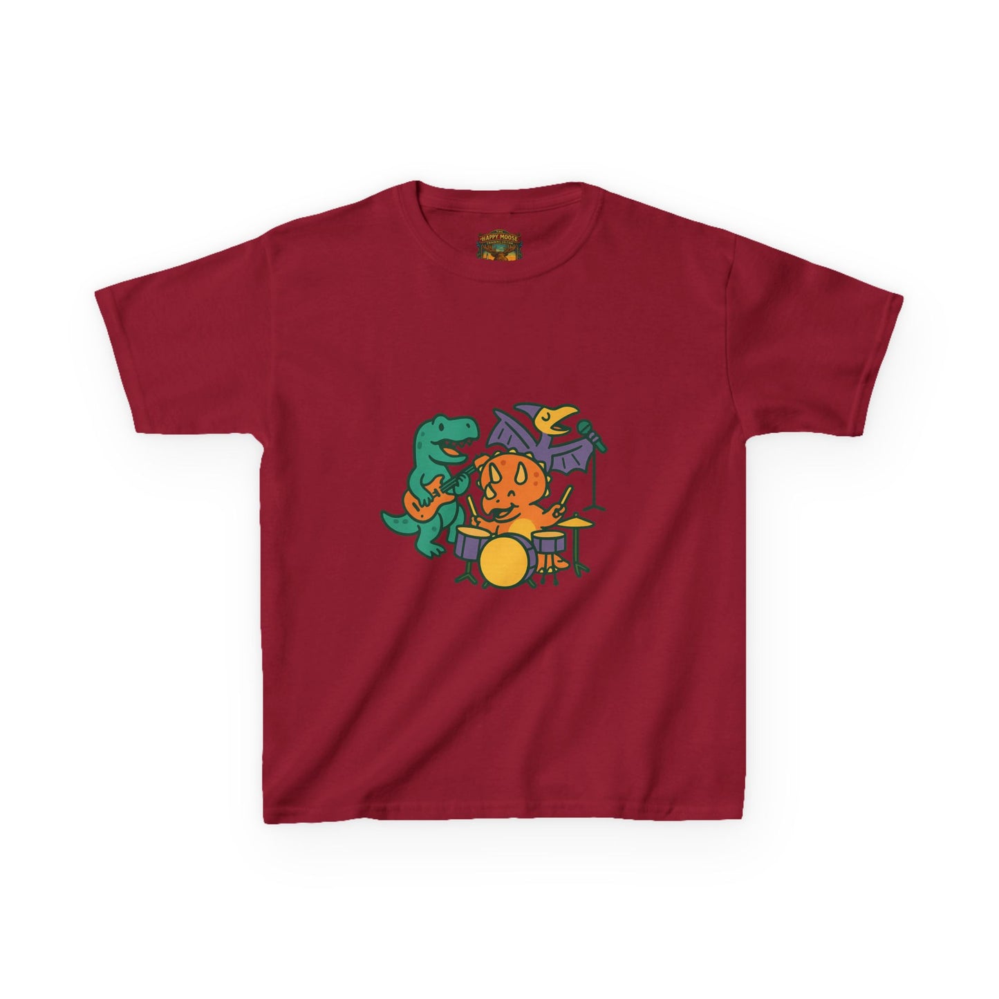 Kids Dino Band T‑Shirt — Cute Cartoon Dinosaur Drummer Tee for Boys & Girls
