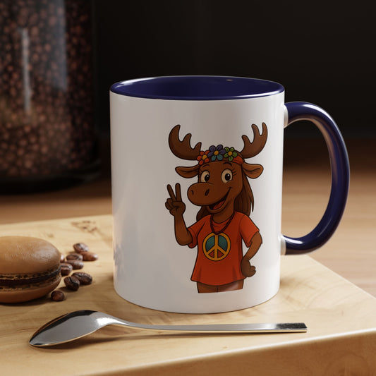 Peace Sign Moose Accent Coffee Mug — Hippie Moose with Flower Crown (11/15oz)