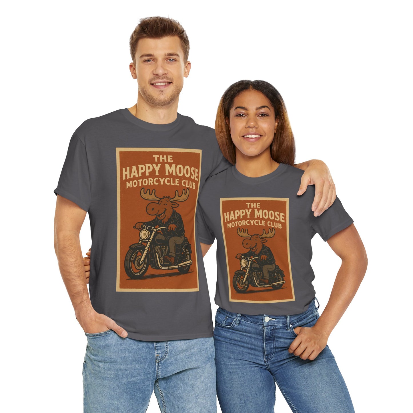 "Ride with style in the Happy Moose Motorcycle Club T-Shirt. Premium comfort, bold biker design—perfect for riders & fans alike."