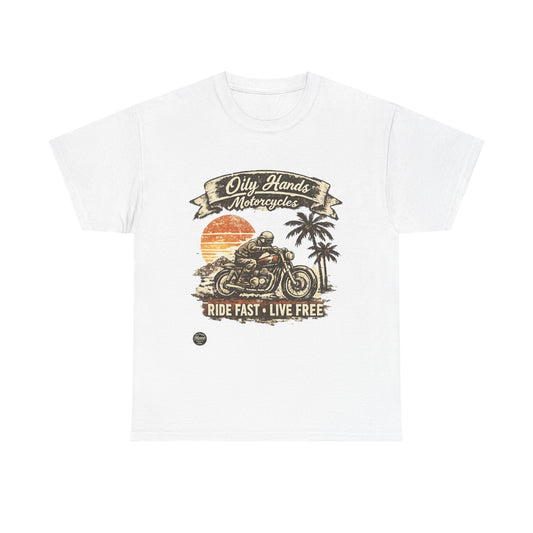 Oily Hands Motorcycle T-Shirt — "Oily Hands Motorcycles: Ride Fast • Live Free" Vintage Sunset Tee #005 E
