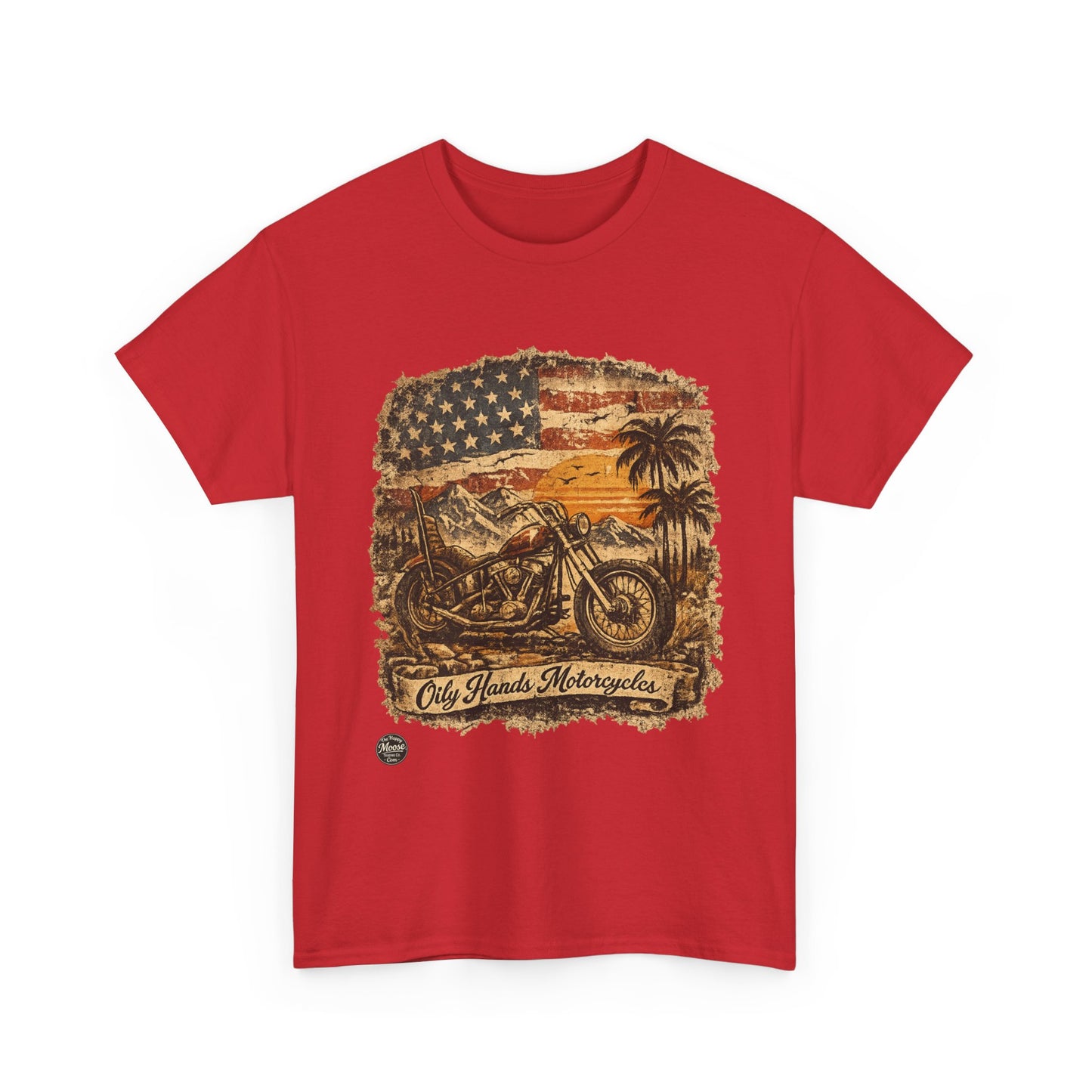 Oily Hands Motorcycle Flag T-Shirt — Vintage American Bike Graphic #018 E