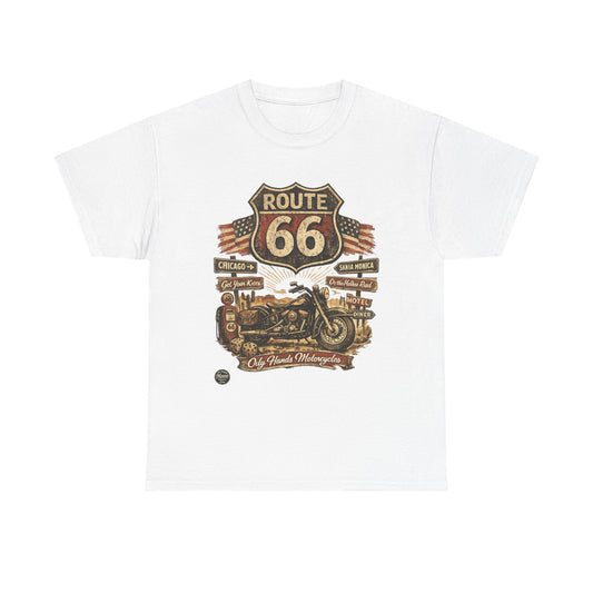 Oily Hands Route 66 Motorcycle T‑Shirt — Vintage Road Trip Tee #003 E