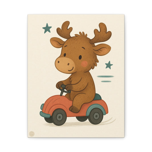 Cute Moose on Toy Car Canvas Print — Nursery Wall Art