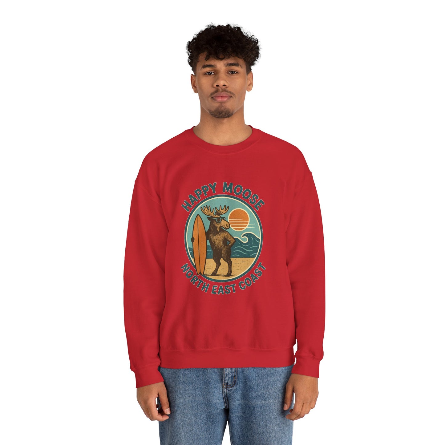 Happy Moose North East Coast Crewneck Sweatshirt — Vintage Surf Moose Graphic