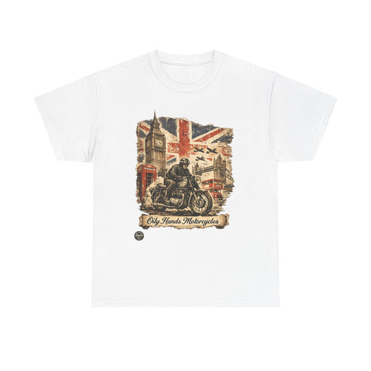 Oily Hands Vintage British Motorcycle Tee — Retro Union Jack Biker Shirt #011 E