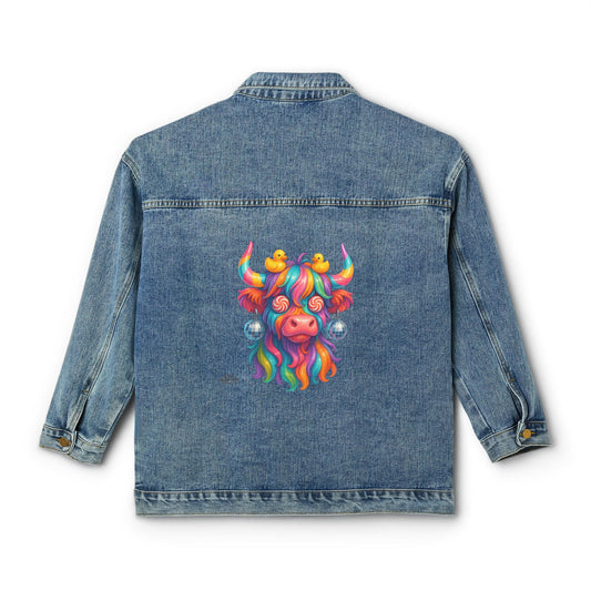 Women’s Denim Jacket with Colorful Rainbow Highland Cow Back Art