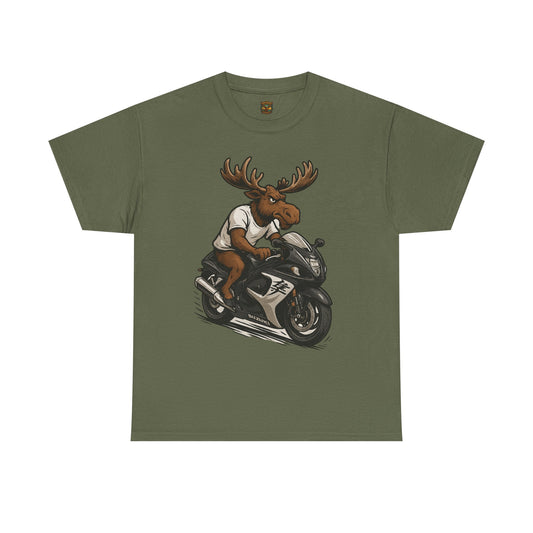 Moose Rider Motorcycle T‑Shirt — Funny Biker Wildlife Graphic Tee