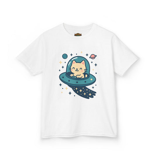 Kids Tee — Cute Cat in UFO Spacecraft Graphic