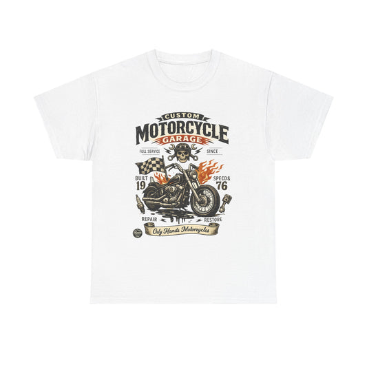Oily Hands Motorcycle Garage Tee — Vintage Biker Skull & Chopper T-Shirt #021 E