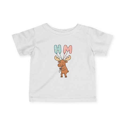 Baby Tee — Cute Moose Holding 'HM' Heart Balloons | Infant Graphic Shirt