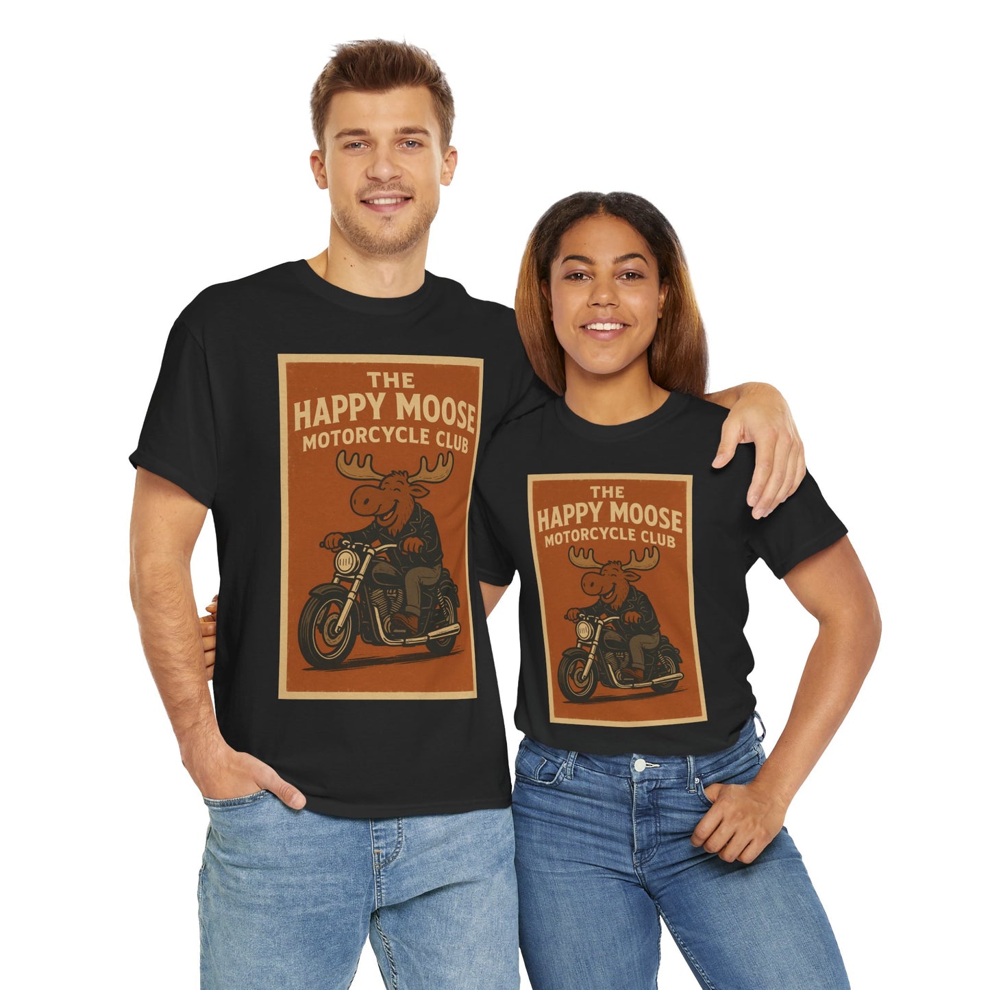 "Ride with style in the Happy Moose Motorcycle Club T-Shirt. Premium comfort, bold biker design—perfect for riders & fans alike."
