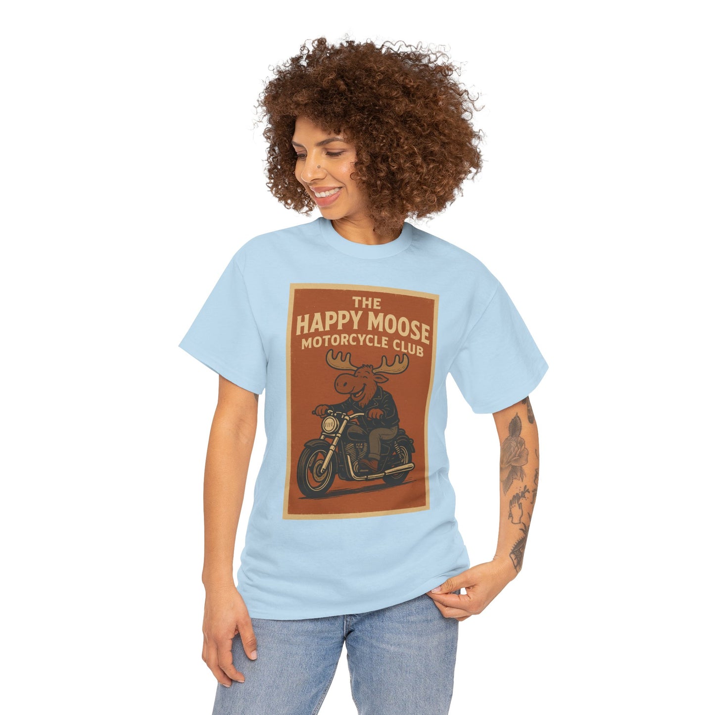 "Ride with style in the Happy Moose Motorcycle Club T-Shirt. Premium comfort, bold biker design—perfect for riders & fans alike."