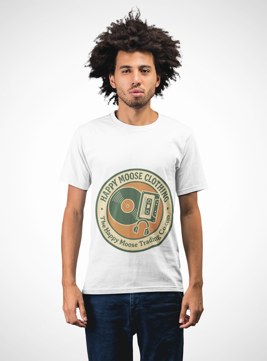 Retro Vinyl & Cassette Logo Tee — "Happy Moose Clothing" Vintage Music T‑Shirt