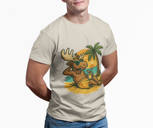 Moose Beach Vacation T-Shirt — Relaxing Tropical Moose Graphic Tee