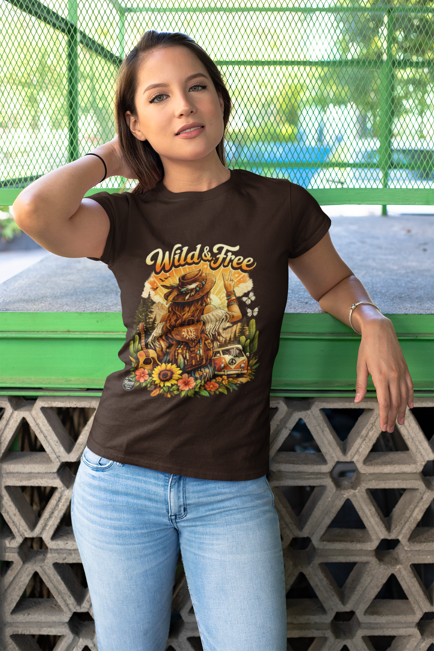 Wild & Free Women's Tee — Boho Vintage Camper T-Shirt with Sunflower & Fox Design