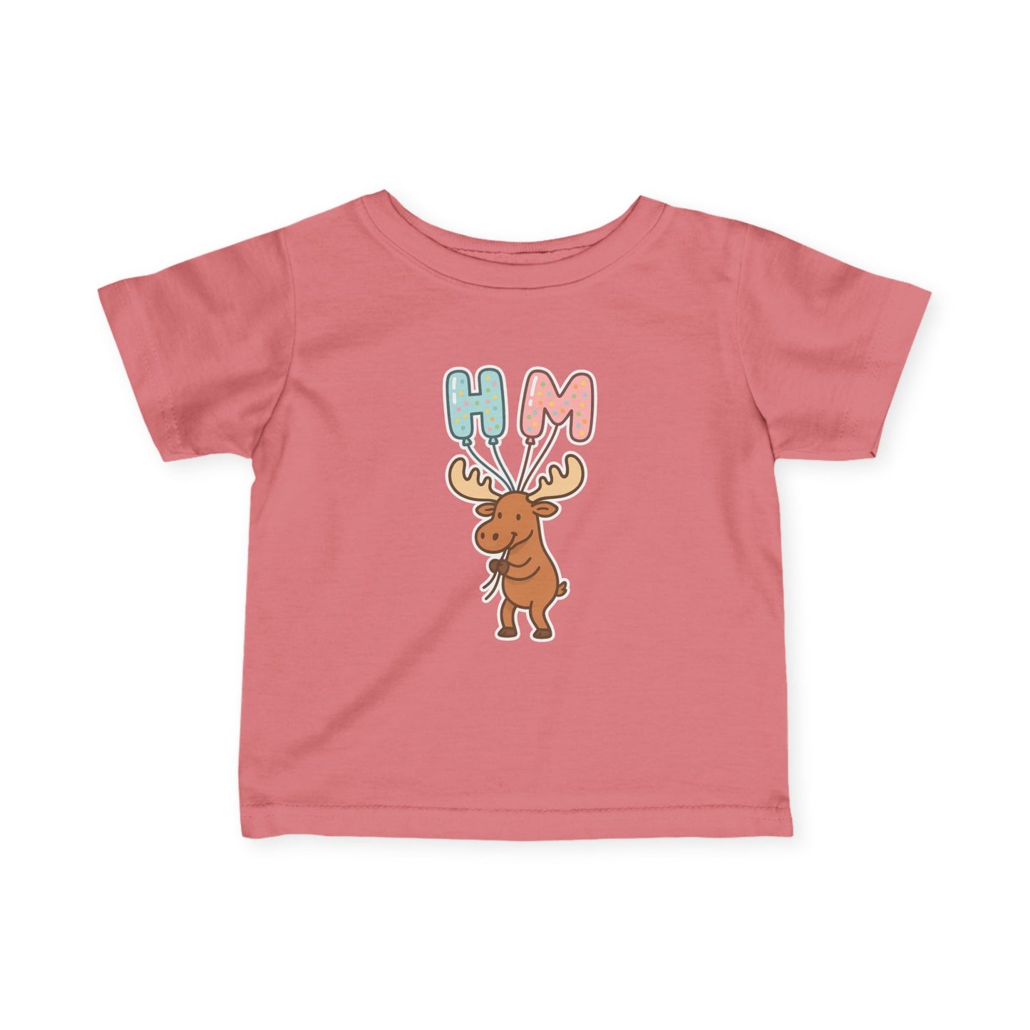 Baby Tee — Cute Moose Holding 'HM' Heart Balloons | Infant Graphic Shirt
