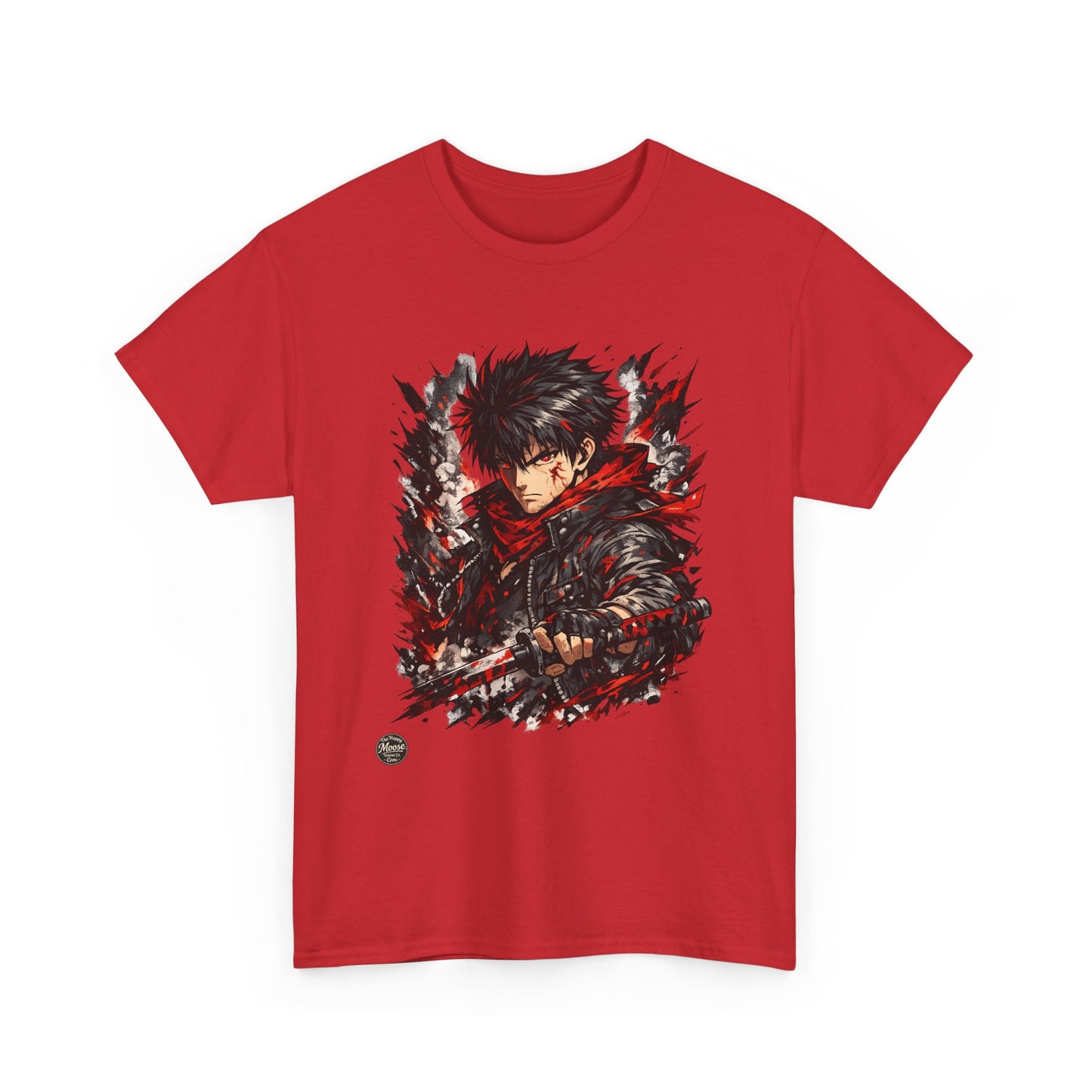 Anime Warrior Graphic Tee — Red Scarf Battle Art T-Shirt #E001