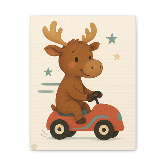 Cute Moose on Red Car Canvas Wall Art – Nursery Kids Decor