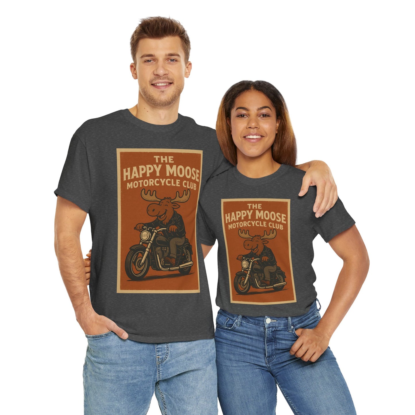 "Ride with style in the Happy Moose Motorcycle Club T-Shirt. Premium comfort, bold biker design—perfect for riders & fans alike."