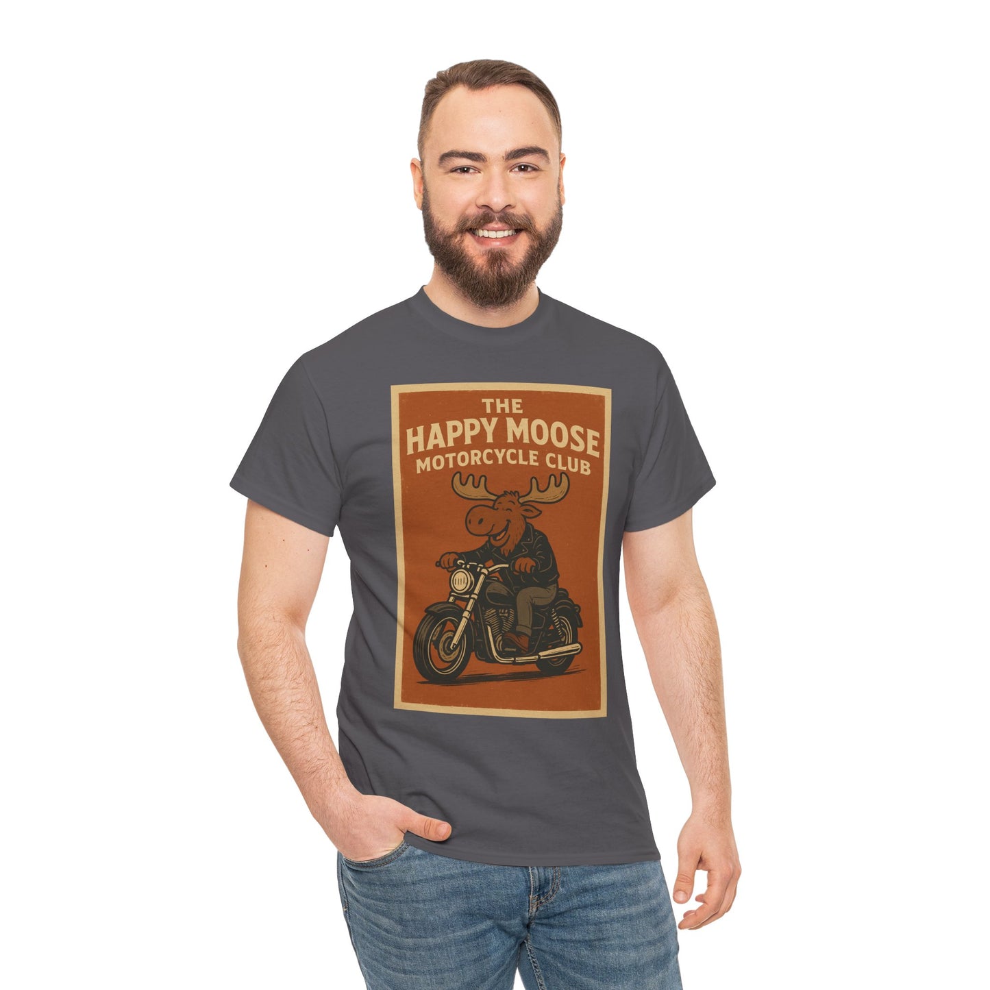 "Ride with style in the Happy Moose Motorcycle Club T-Shirt. Premium comfort, bold biker design—perfect for riders & fans alike."