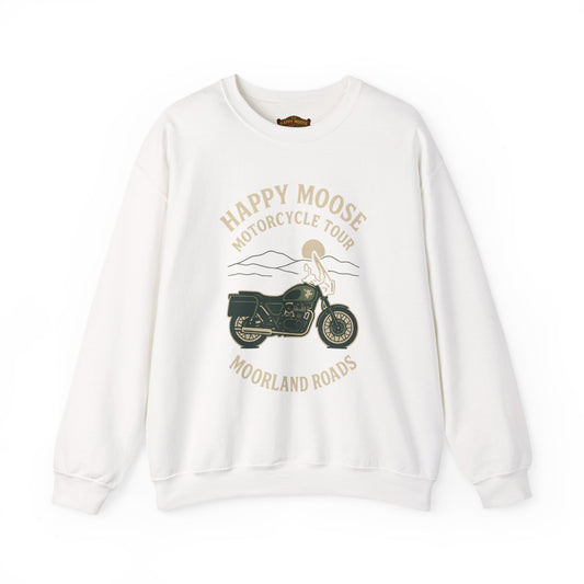 Motorcycle Crewneck Sweatshirt — "Happy Moose Motorcycle Tour" Vintage Bike Graphic