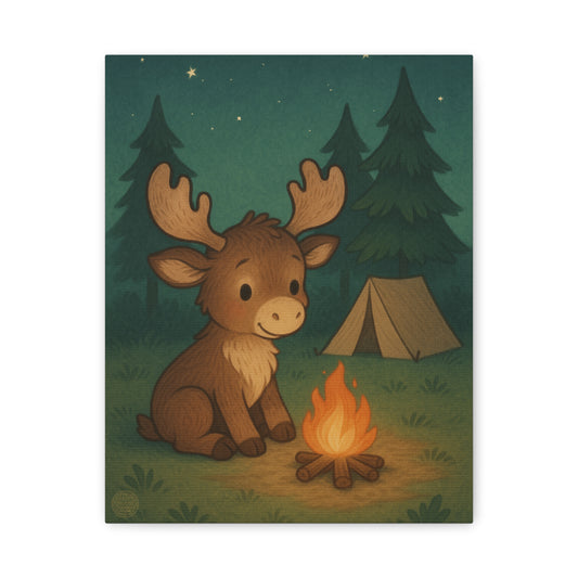 Cute Camping Moose Canvas Print — Kids Woodland Nursery Wall Art
