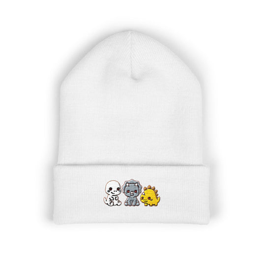 Embroidered Cute Character Cuffed Beanie — Trio Skull, Robot & Chick Winter Hat