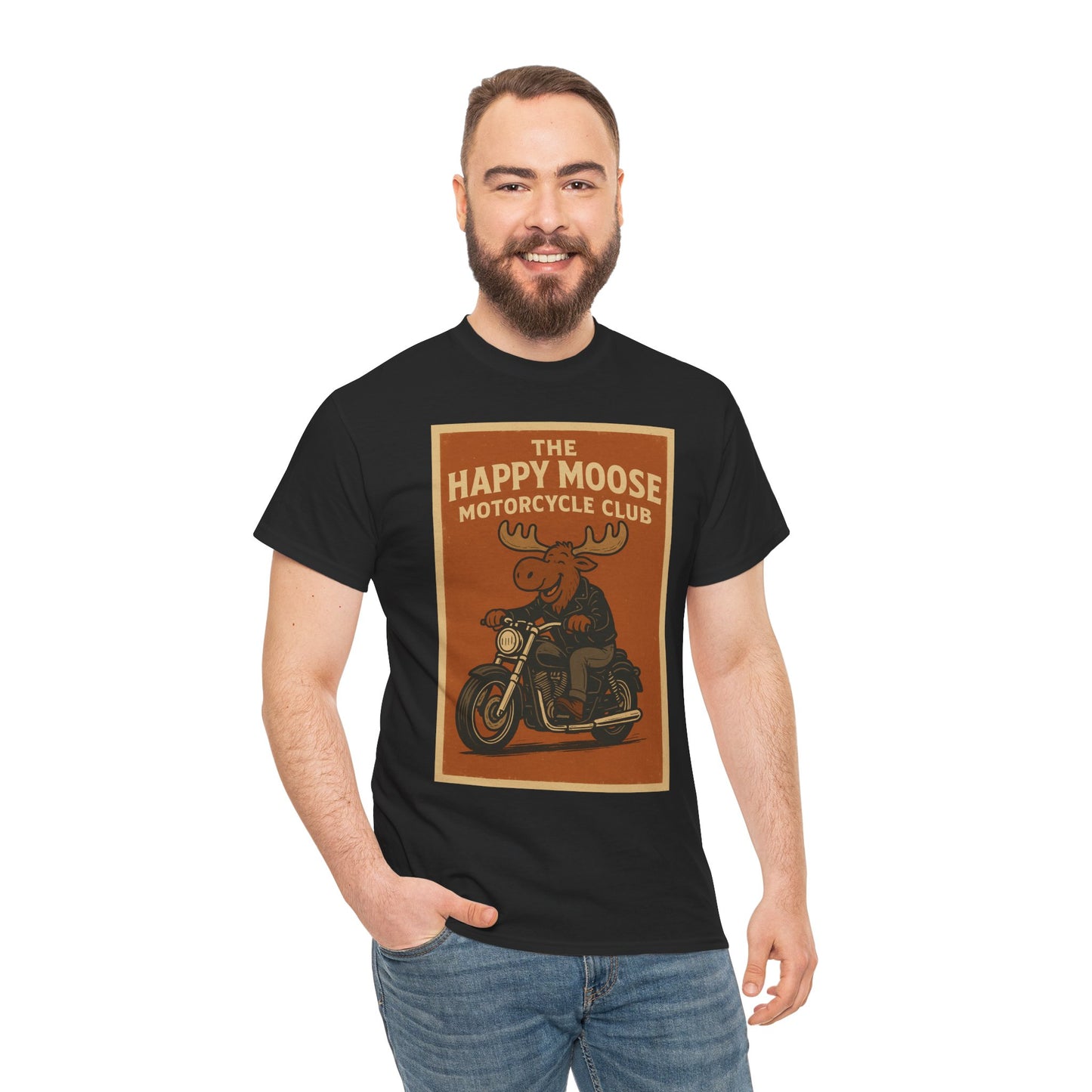 "Ride with style in the Happy Moose Motorcycle Club T-Shirt. Premium comfort, bold biker design—perfect for riders & fans alike."