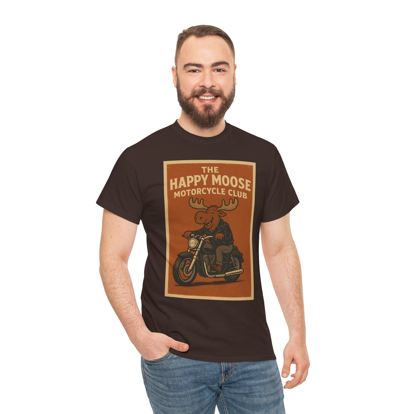 "Ride with style in the Happy Moose Motorcycle Club T-Shirt. Premium comfort, bold biker design—perfect for riders & fans alike."