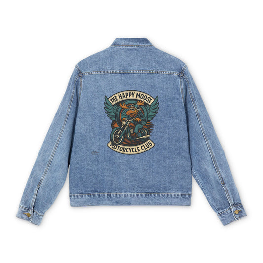 Men's Denim Jacket with 'The Happy Moose Motorcycle Club' Vintage Patch — Biker Style Jean Jacket