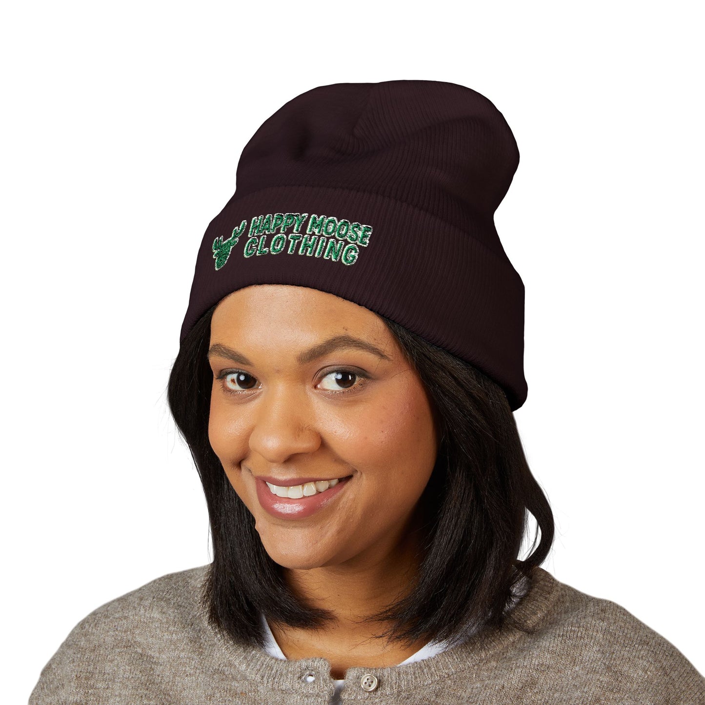 Happy Moose Embroidered Cuffed Beanie