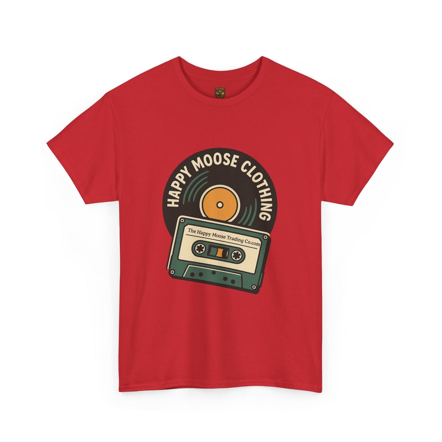 Cassette & Vinyl Retro Tee — “Happy Moose Clothing” Vintage Music Graphic T-Shirt