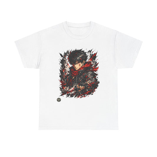 Anime Warrior Graphic Tee — Red Scarf Battle Art T-Shirt #E001