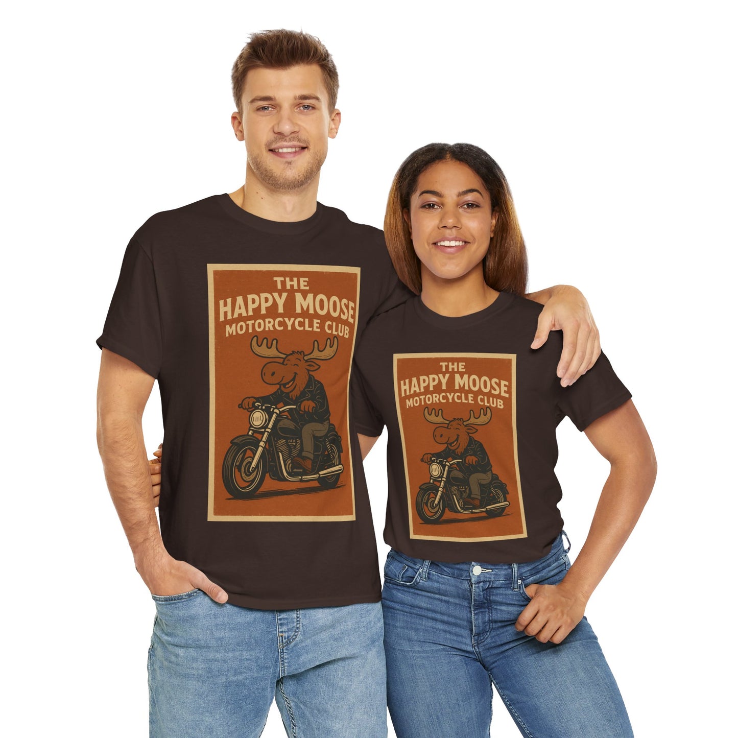 "Ride with style in the Happy Moose Motorcycle Club T-Shirt. Premium comfort, bold biker design—perfect for riders & fans alike."