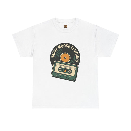 Cassette & Vinyl Retro Tee — “Happy Moose Clothing” Vintage Music Graphic T-Shirt