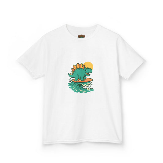 Kids Surfing Dinosaur T-Shirt — Cute Stegosaurus on Wave Graphic Tee