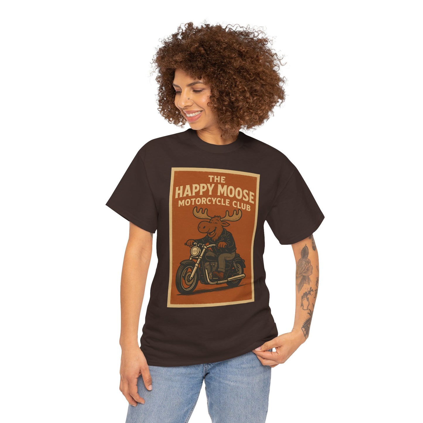 "Ride with style in the Happy Moose Motorcycle Club T-Shirt. Premium comfort, bold biker design—perfect for riders & fans alike."