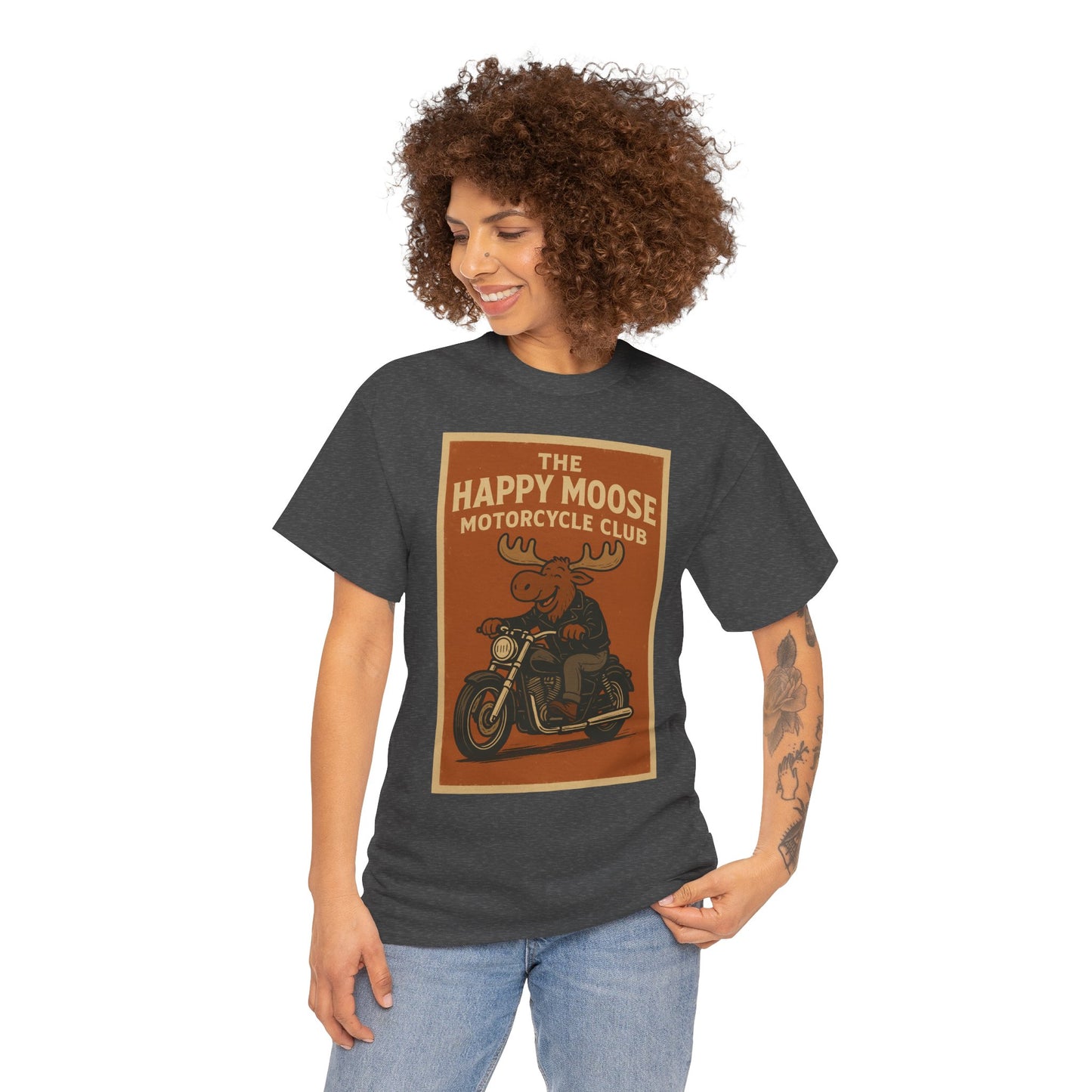 "Ride with style in the Happy Moose Motorcycle Club T-Shirt. Premium comfort, bold biker design—perfect for riders & fans alike."