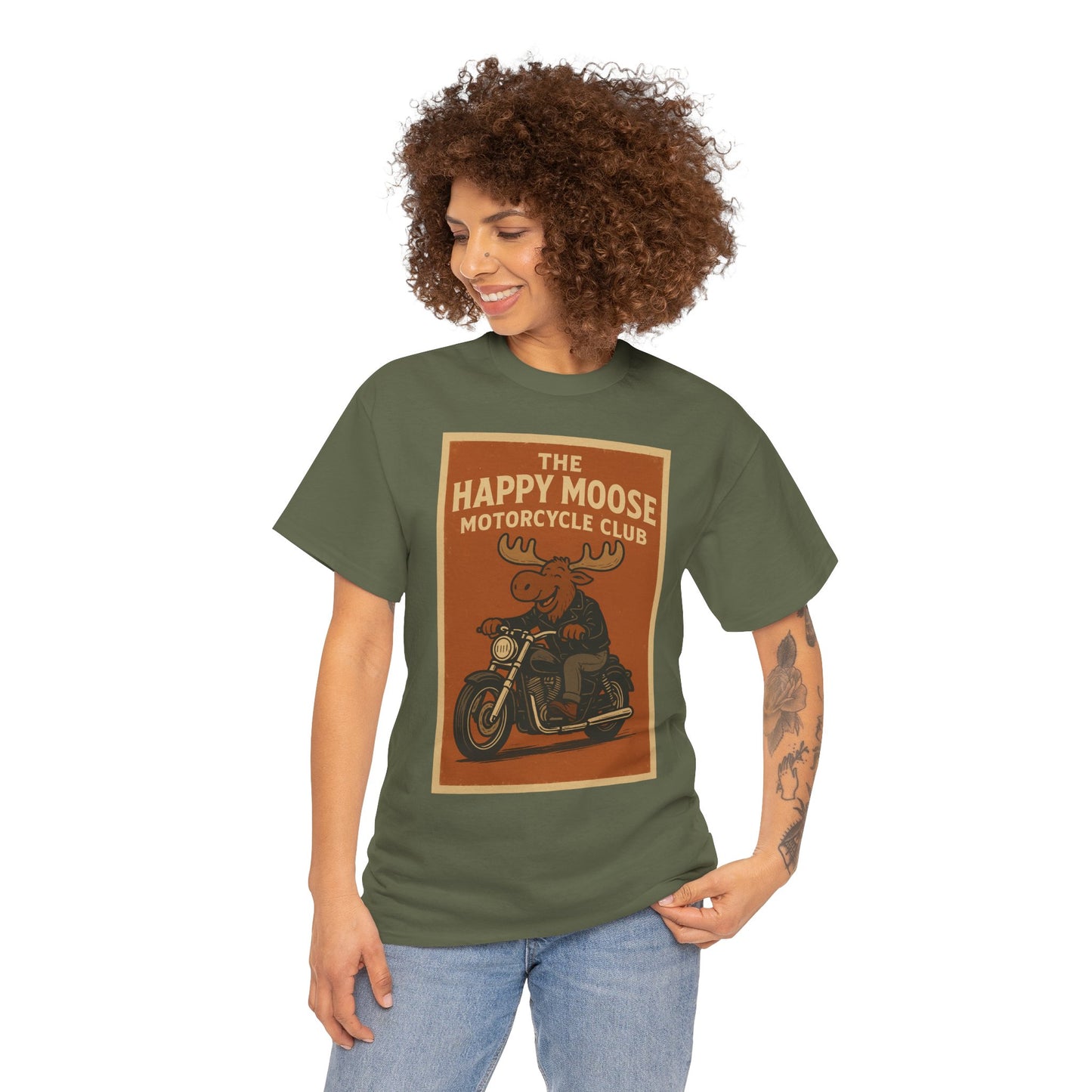 "Ride with style in the Happy Moose Motorcycle Club T-Shirt. Premium comfort, bold biker design—perfect for riders & fans alike."