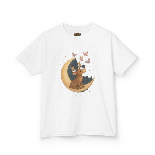 Kids Tee — Cute Puppy on Moon with Butterflies Graphic