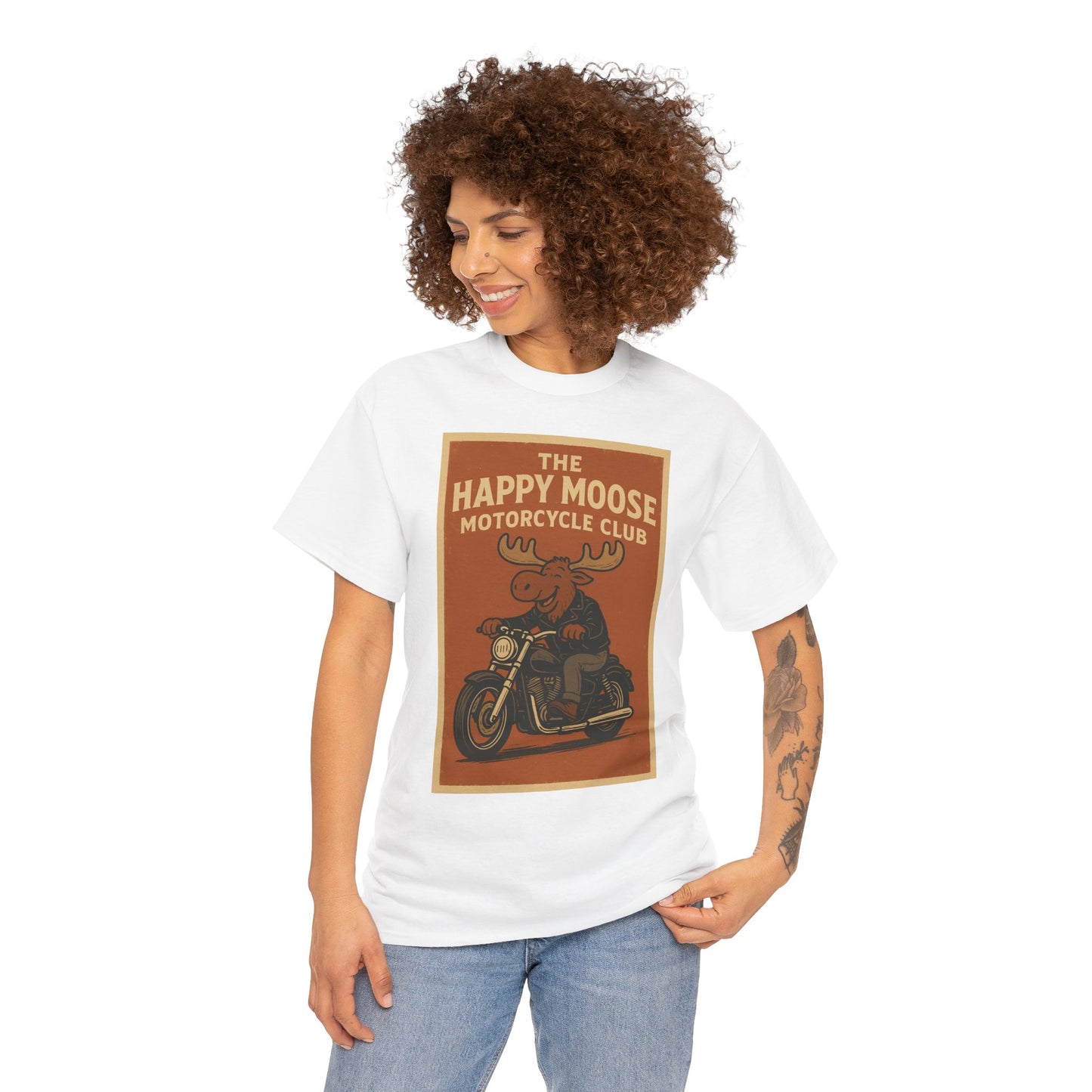 "Ride with style in the Happy Moose Motorcycle Club T-Shirt. Premium comfort, bold biker design—perfect for riders & fans alike."
