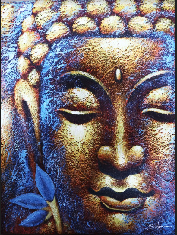 Buddha Painting - Gold Face & Lotus Flower. Sizes: H:80 W:60 D:3cm