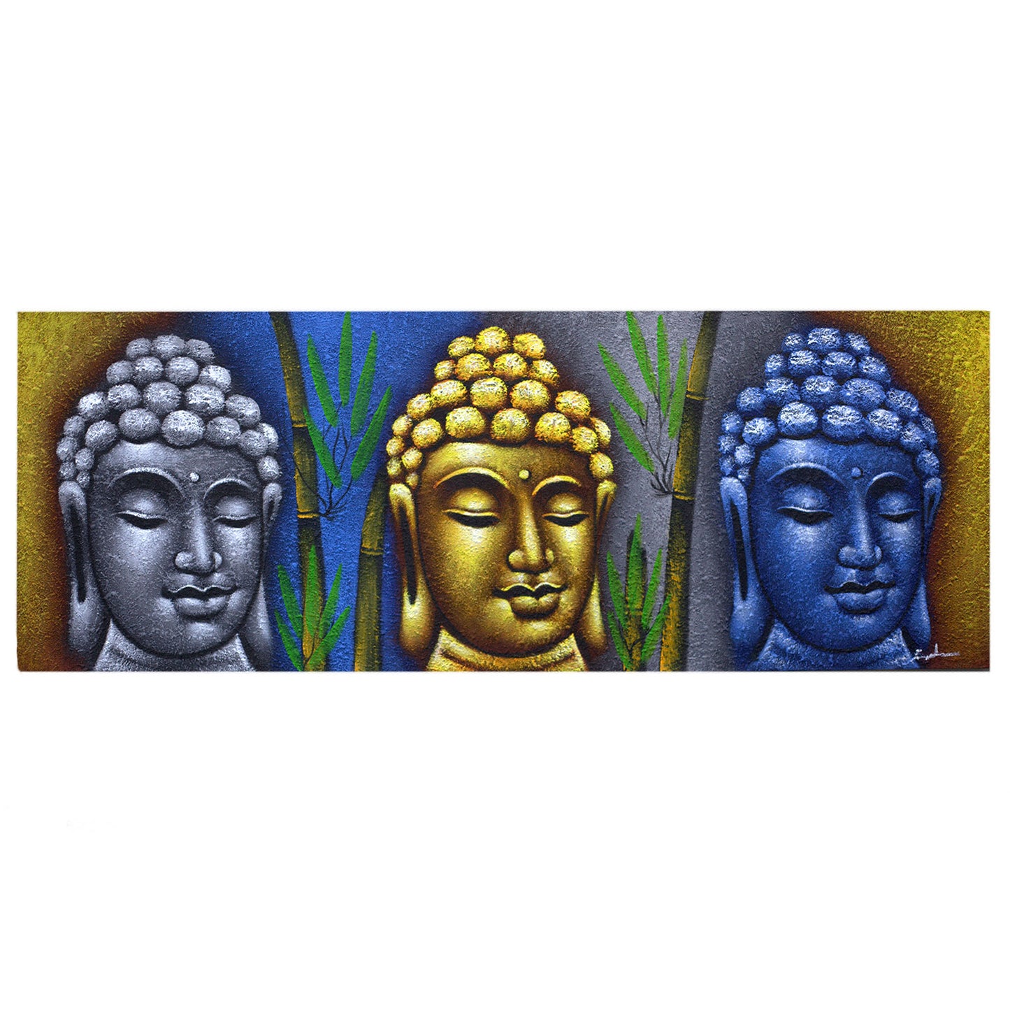 Buddha Painting - Three Heads With Bamboo. Size: H:45 W:120 D:3cm