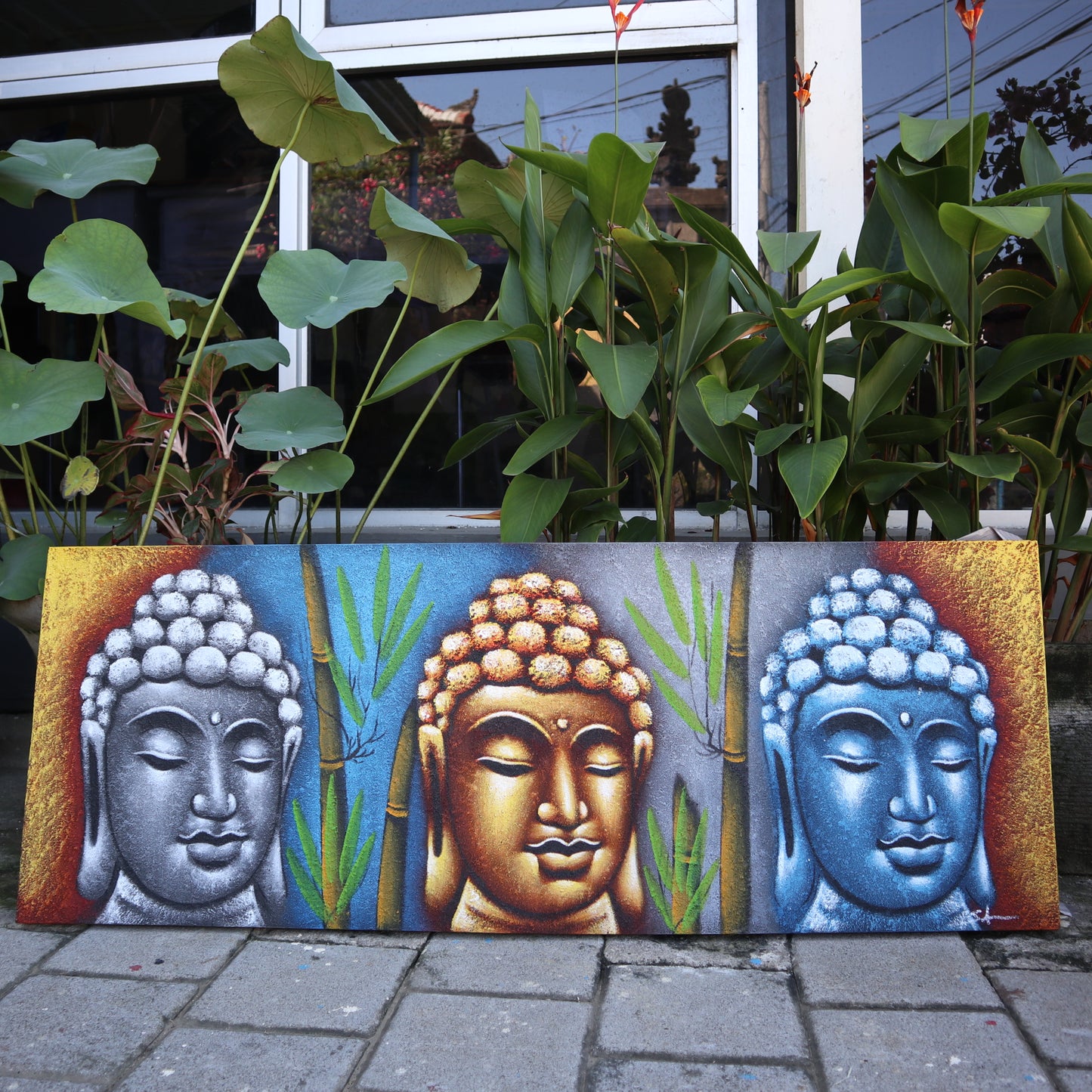 Buddha Painting - Three Heads With Bamboo. Size: H:45 W:120 D:3cm