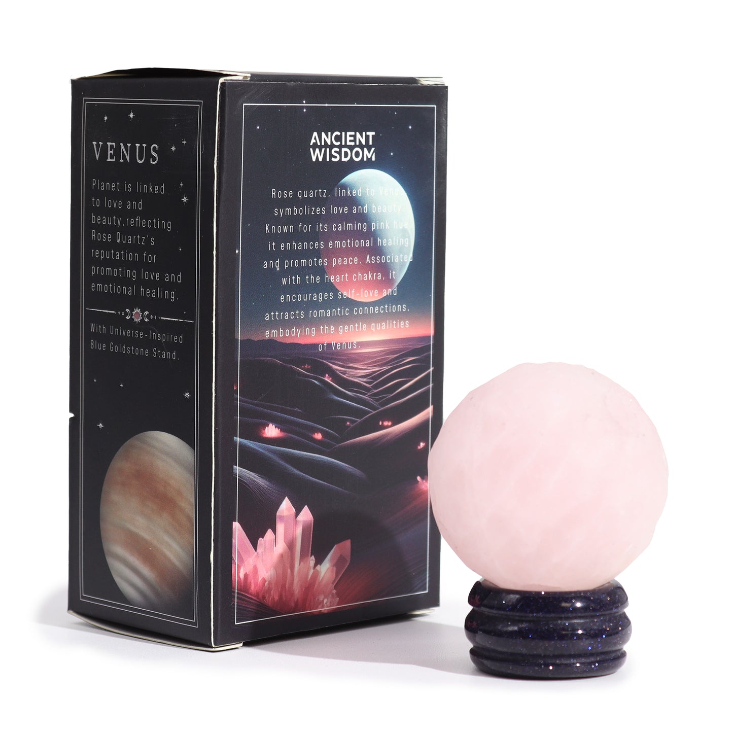 Rosenquarz-Planet auf einem Sola-Goldstone-Ständer (VENUS)