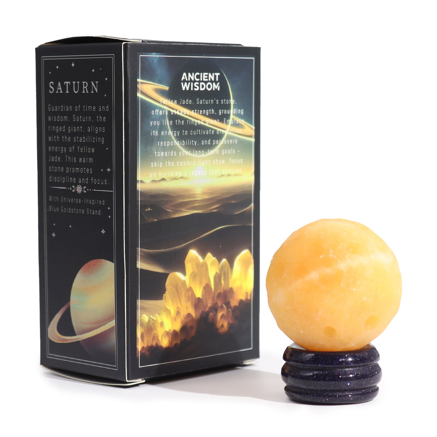 Gelber Jadeplanet auf einem Sola-Goldstone-Ständer (SATURN)